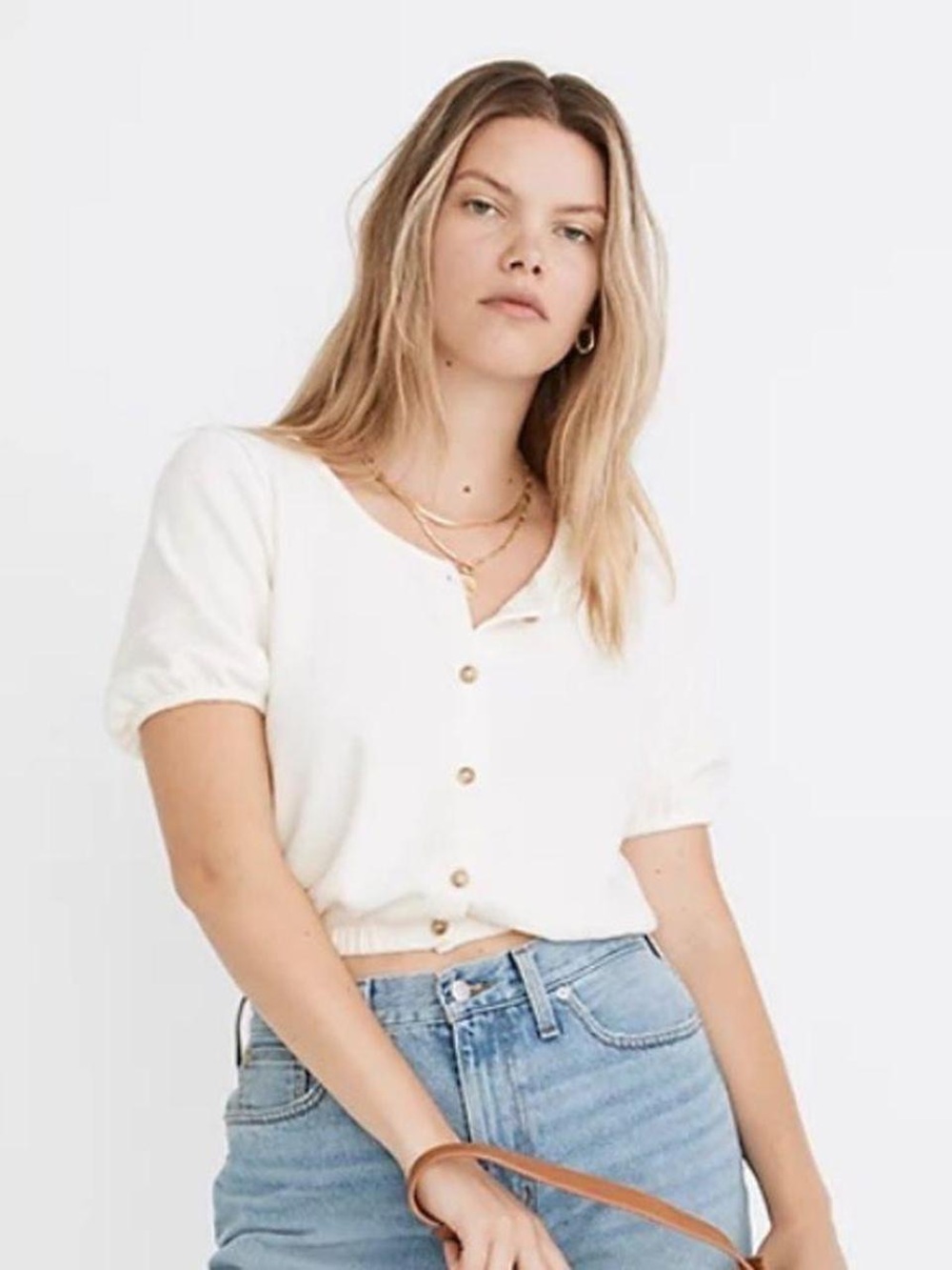 Madewell Cream Button-Front Short Sleeve Top with Elastic Hem